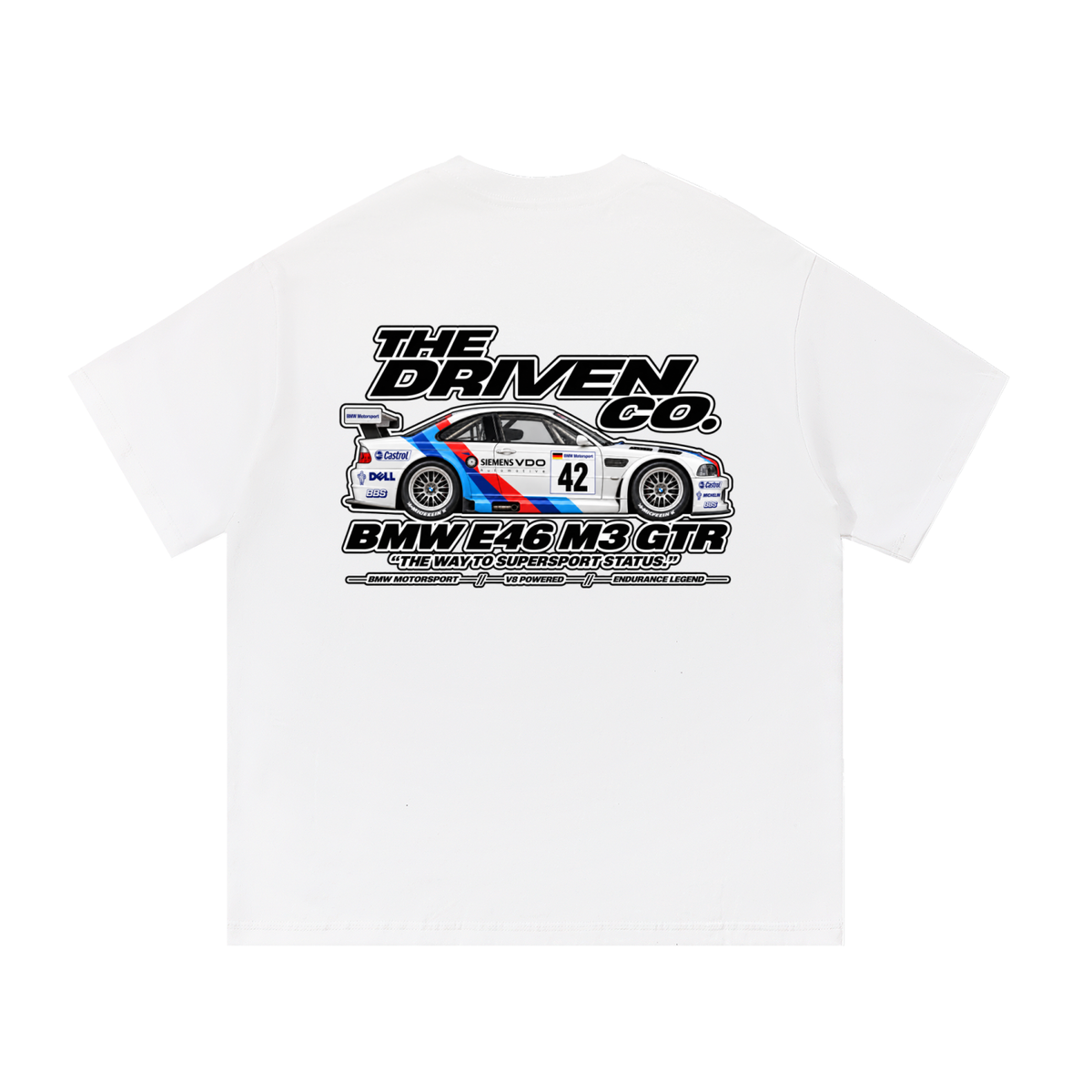 BMW E46 M3 GTR Racing Graphic T-Shirt — White — back