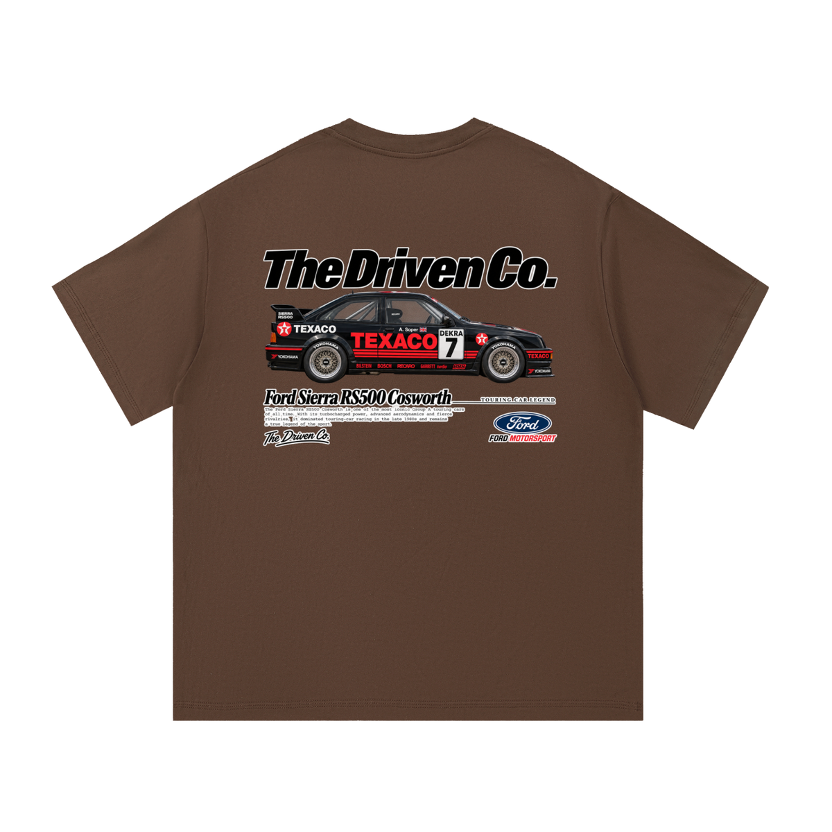 Ford Sierra RS500 Cosworth Racing Graphic T-Shirt — Coffee — back