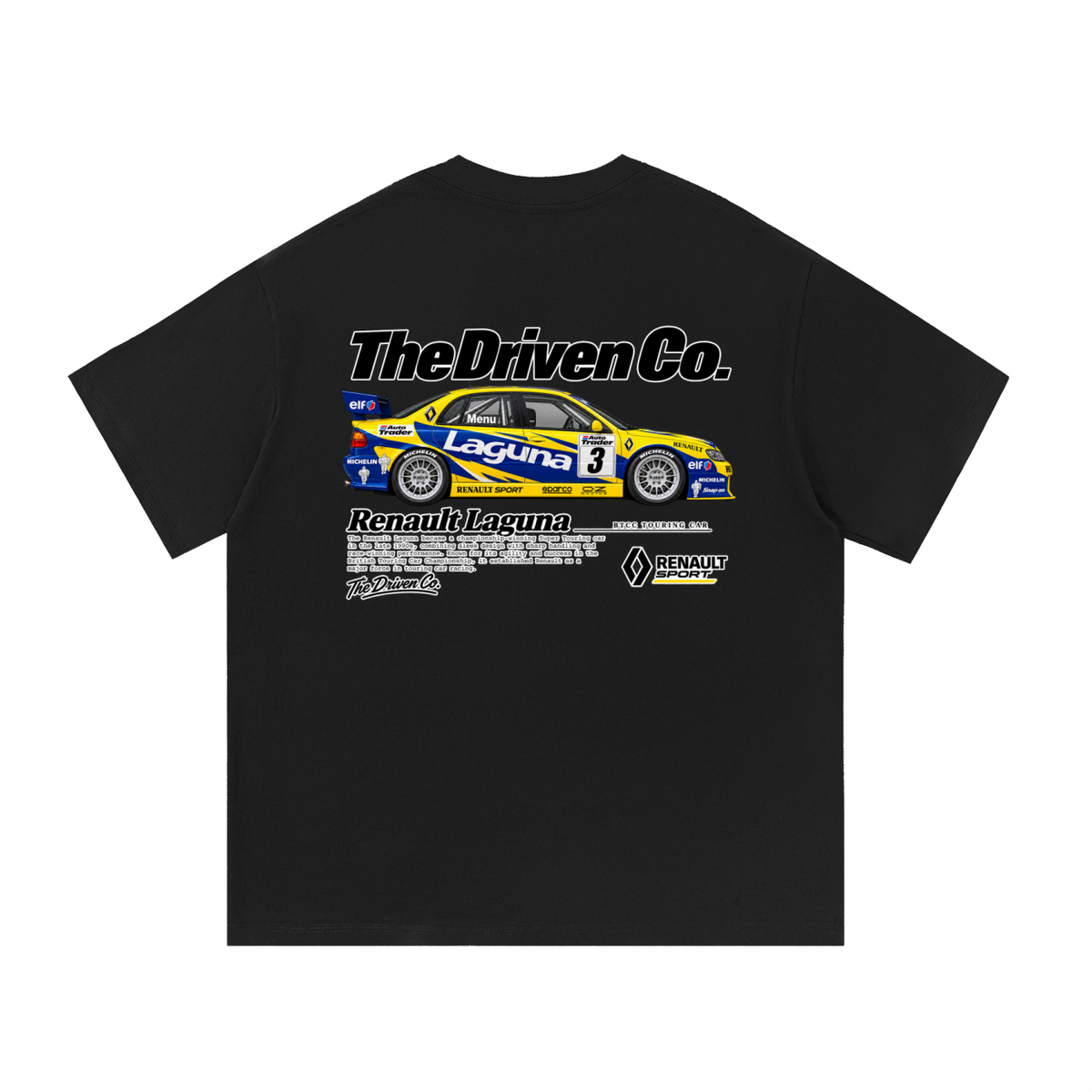 Renault Laguna Blue & Yellow Touring Car Graphic T-Shirt — Black — back