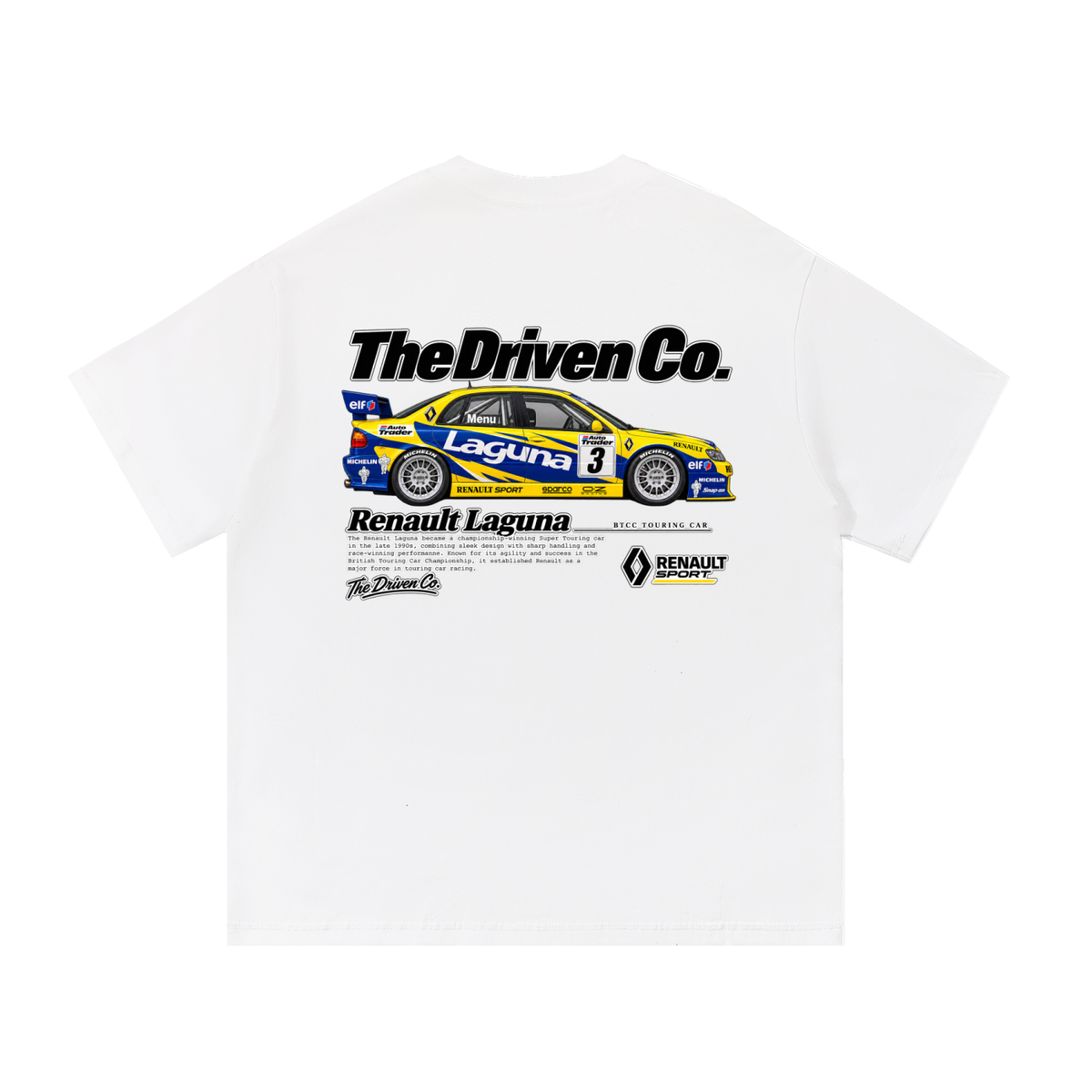 Renault Laguna Blue & Yellow Touring Car Graphic T-Shirt — White — back